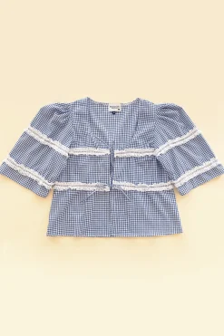 MaisonCléo Blouses>Blouse coton vichy bleu dentelle froufrous AGNES