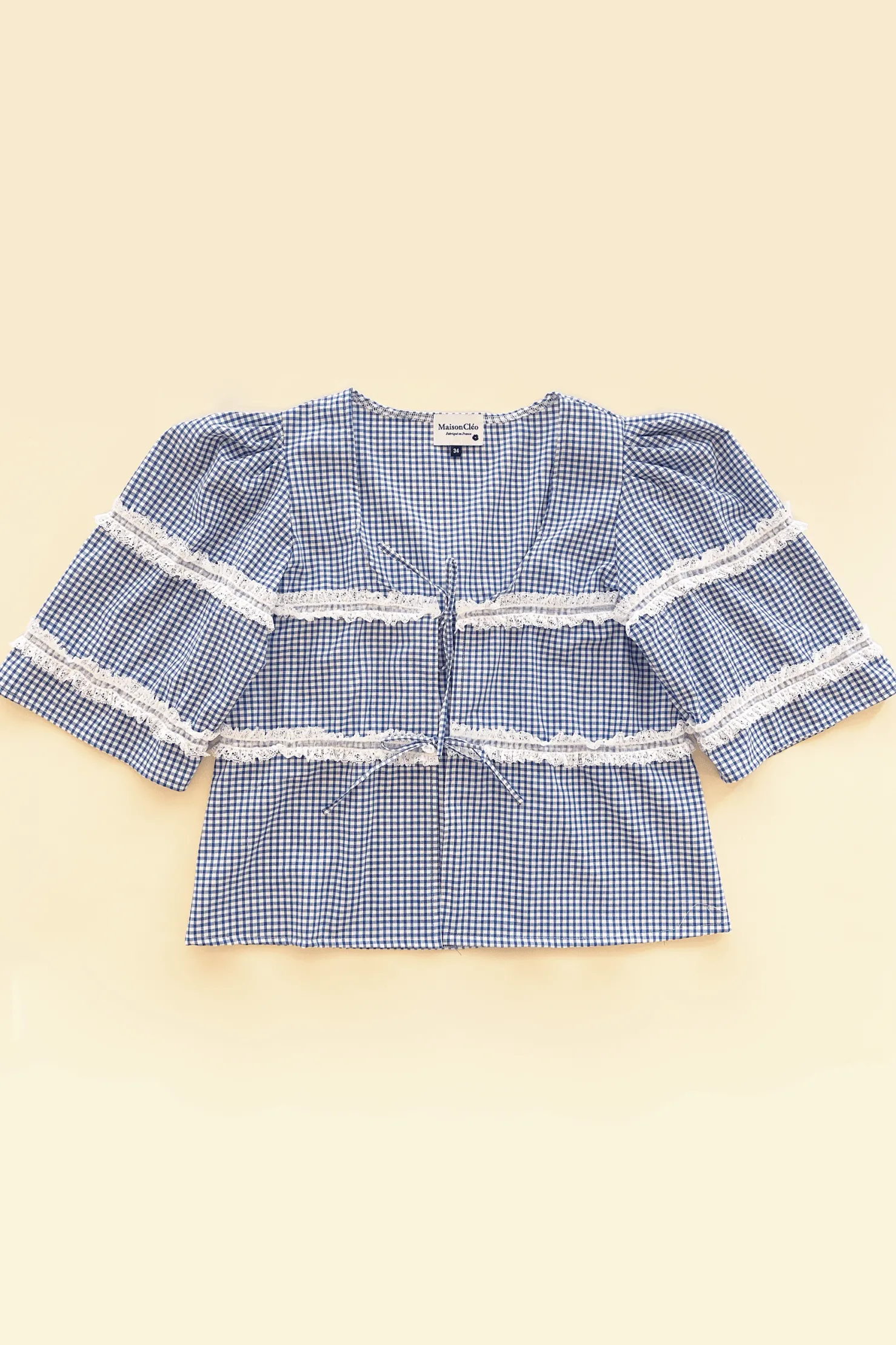 MaisonCléo Blouses>Blouse coton vichy bleu dentelle froufrous AGNES