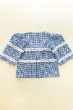 MaisonCléo Blouses>Blouse coton vichy bleu dentelle froufrous AGNES