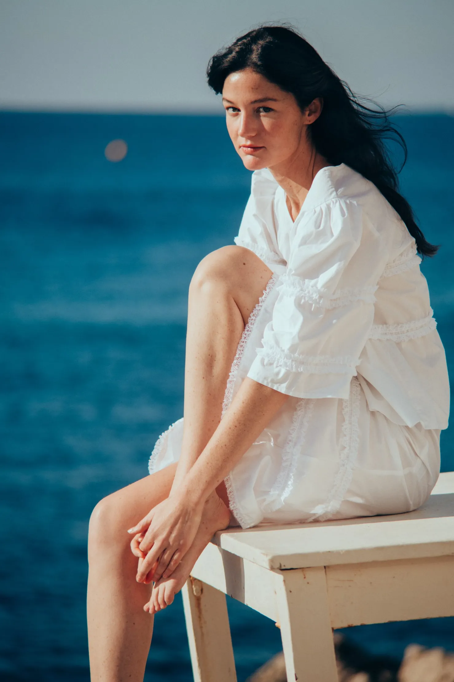 MaisonCléo Blouses>Blouse coton vichy bleu dentelle froufrous AGNES