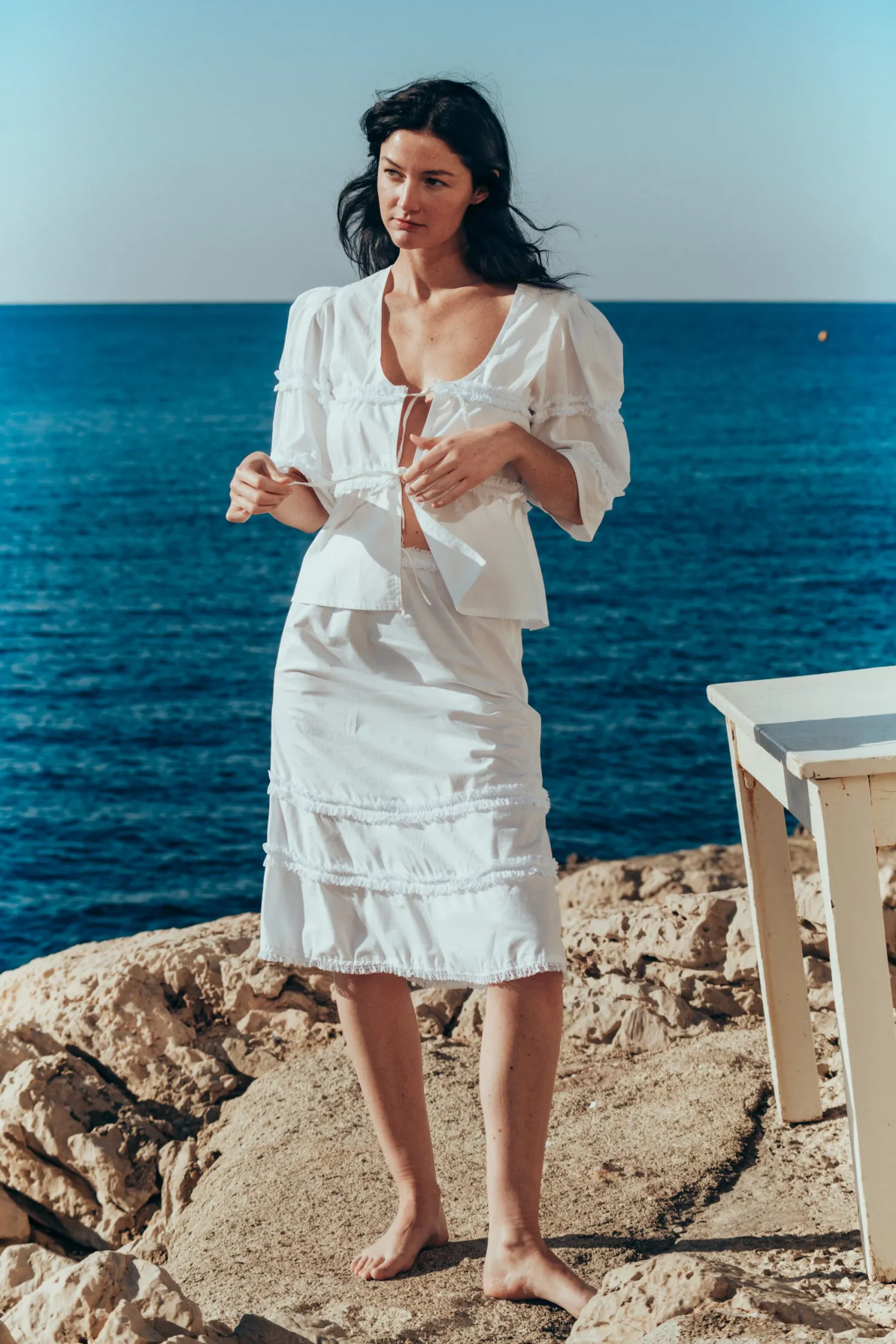 MaisonCléo Blouses>Blouse coton vichy bleu dentelle froufrous AGNES