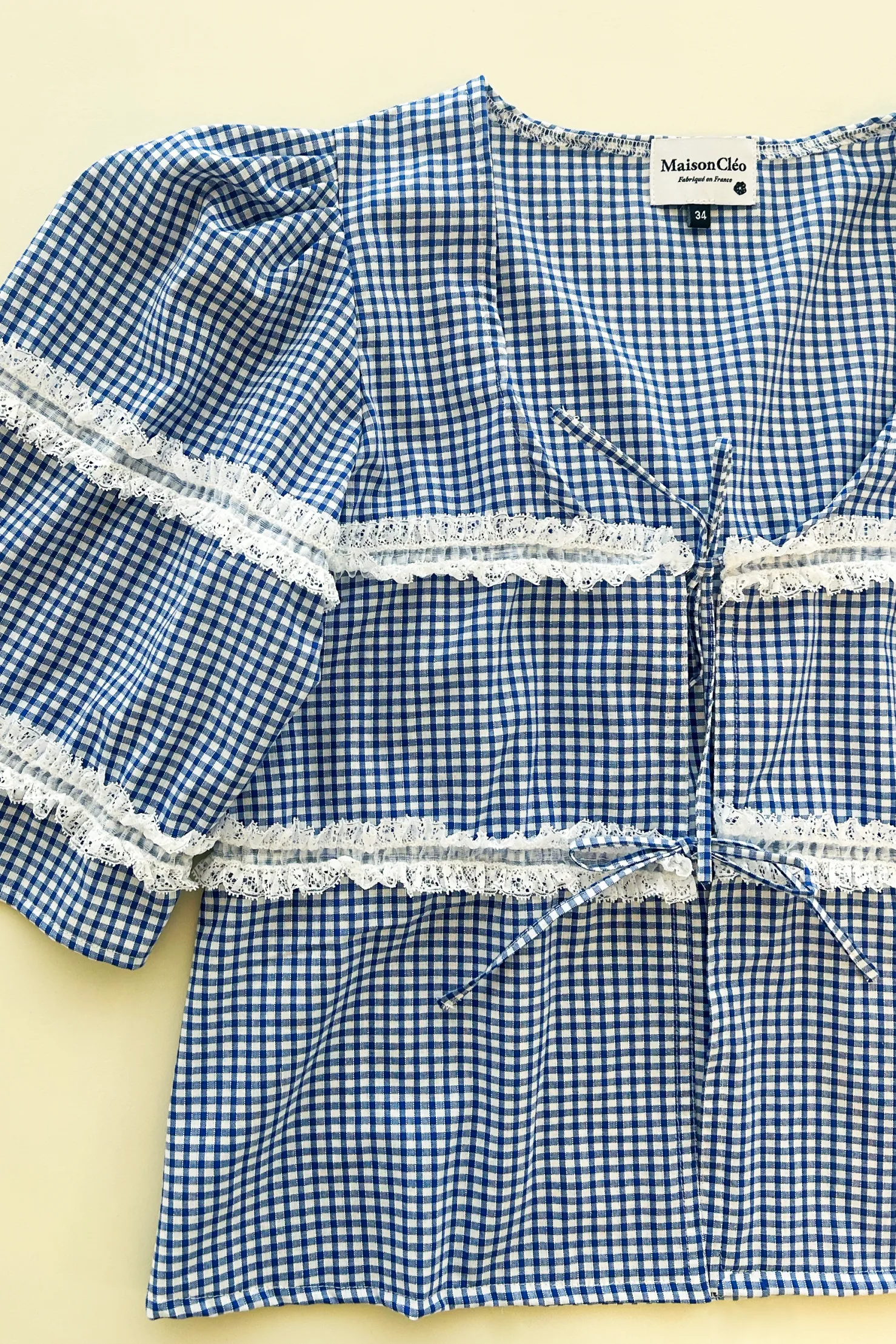 MaisonCléo Blouses>Blouse coton vichy bleu dentelle froufrous AGNES