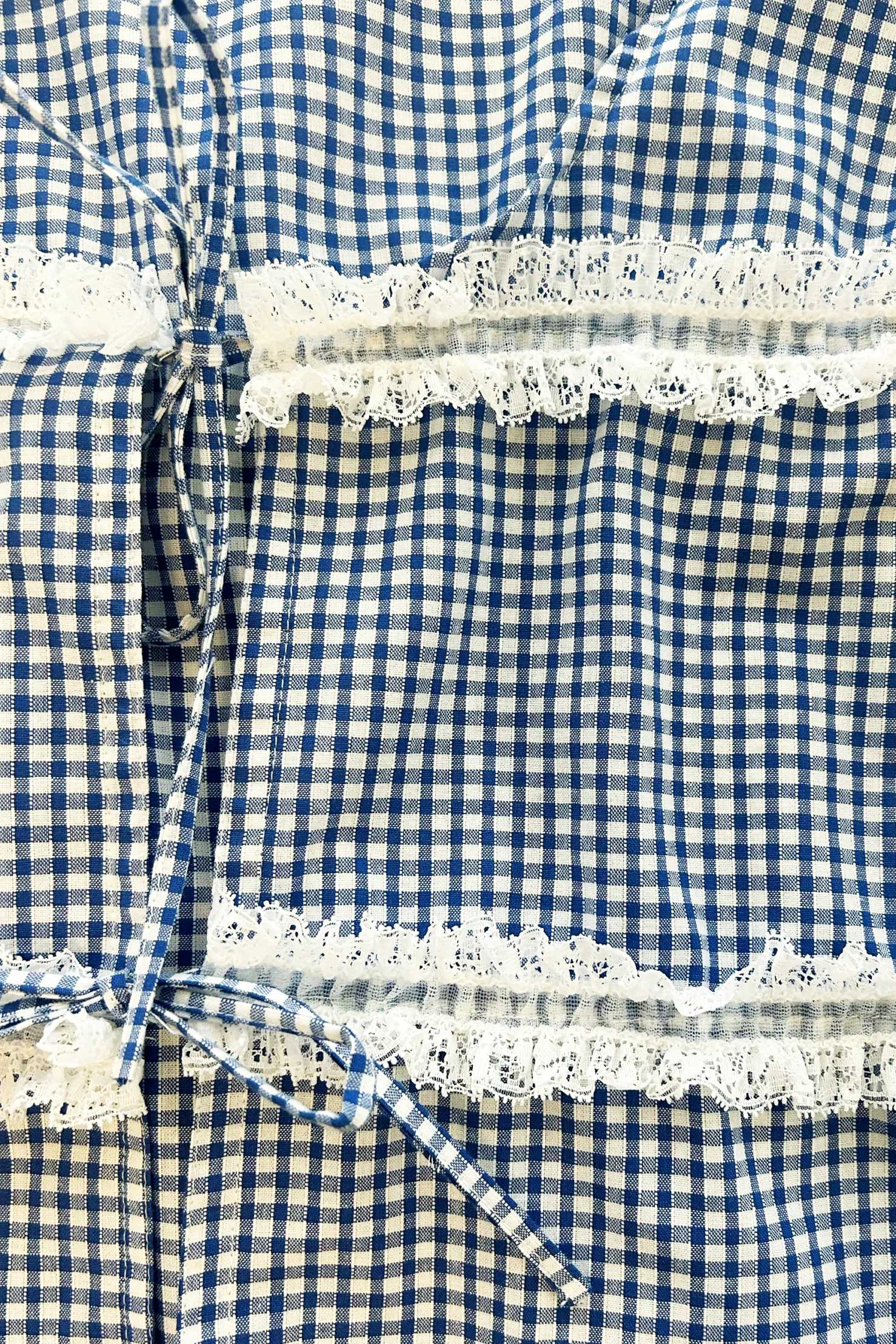 MaisonCléo Blouses>Blouse coton vichy bleu dentelle froufrous AGNES