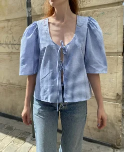 MaisonCléo Blouses>Blouse coton vichy bleu et blanc AGNES