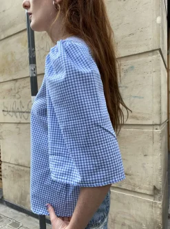 MaisonCléo Blouses>Blouse coton vichy bleu et blanc AGNES