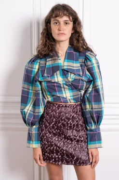 MaisonCléo Blouses>Blouse en coton bleu marine rayures roses et à carreaux JULIE