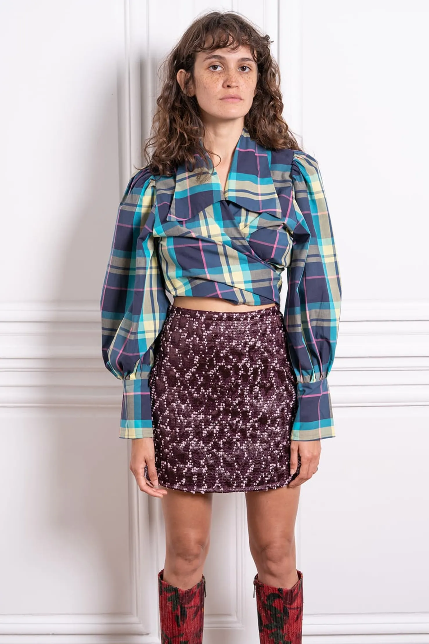 MaisonCléo Blouses>Blouse en coton bleu marine rayures roses et à carreaux JULIE