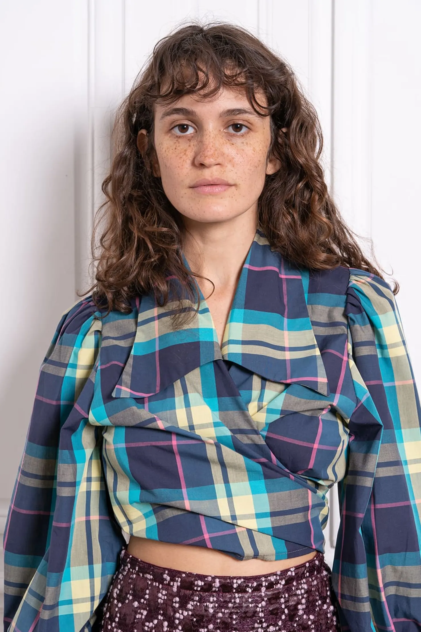 MaisonCléo Blouses>Blouse en coton bleu marine rayures roses et à carreaux JULIE