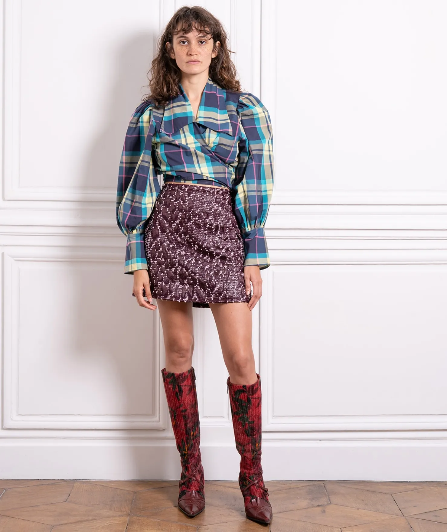 MaisonCléo Blouses>Blouse en coton bleu marine rayures roses et à carreaux JULIE