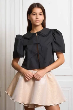 MaisonCléo Blouses>Blouse en coton noir avec col en dentelle noire