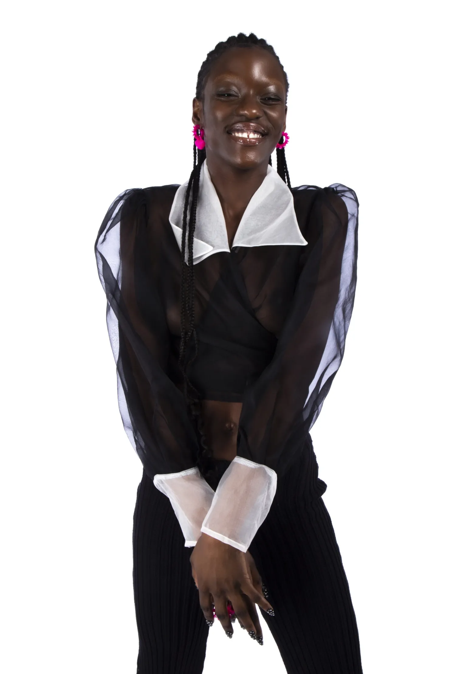 MaisonCléo Blouses>Blouse en organza de soie noire/col et poignets blancs JULIE