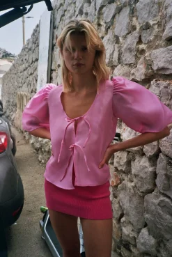 MaisonCléo Blouses>Blouse en organza de soie rose AGNES