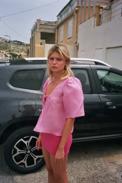 MaisonCléo Blouses>Blouse en organza de soie rose AGNES