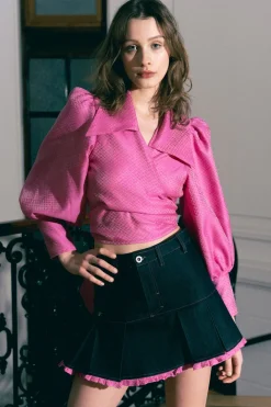 MaisonCléo Blouses>Blouse en organza de soie rose fuchsia ton sur ton JULIE