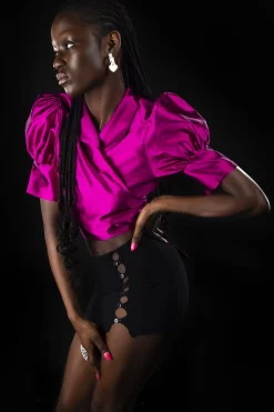 MaisonCléo Blouses>Blouse en soie sauvage fuchsia irisée ANITA