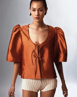 MaisonCléo Blouses>Blouse en soie sauvage irisée orange AGNES
