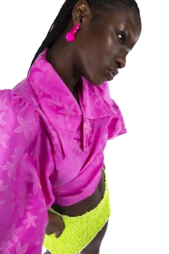 MaisonCléo Blouses>Blouse fleurs en organza de soie rose vif ton sur ton JULIE