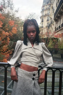 MaisonCléo Blouses>Blouse Julie en coton à petits carreaux noir et blanc