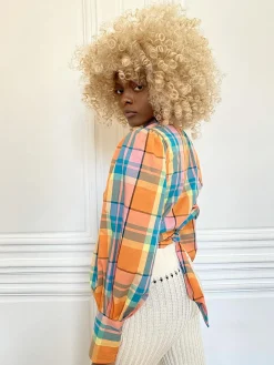 MaisonCléo Blouses>Blouse orange à gros carreaux en coton JULIE
