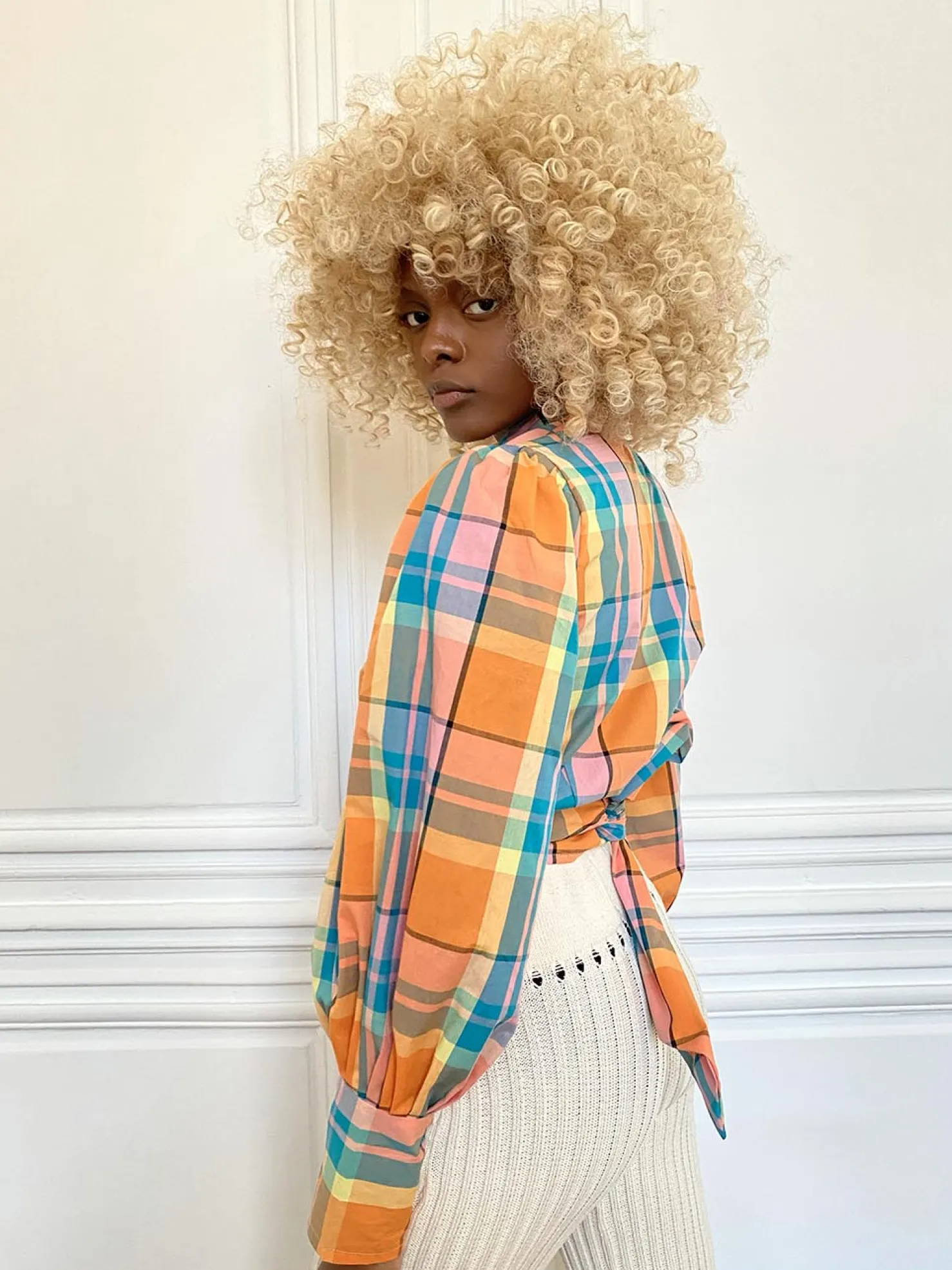 MaisonCléo Blouses>Blouse orange à gros carreaux en coton JULIE