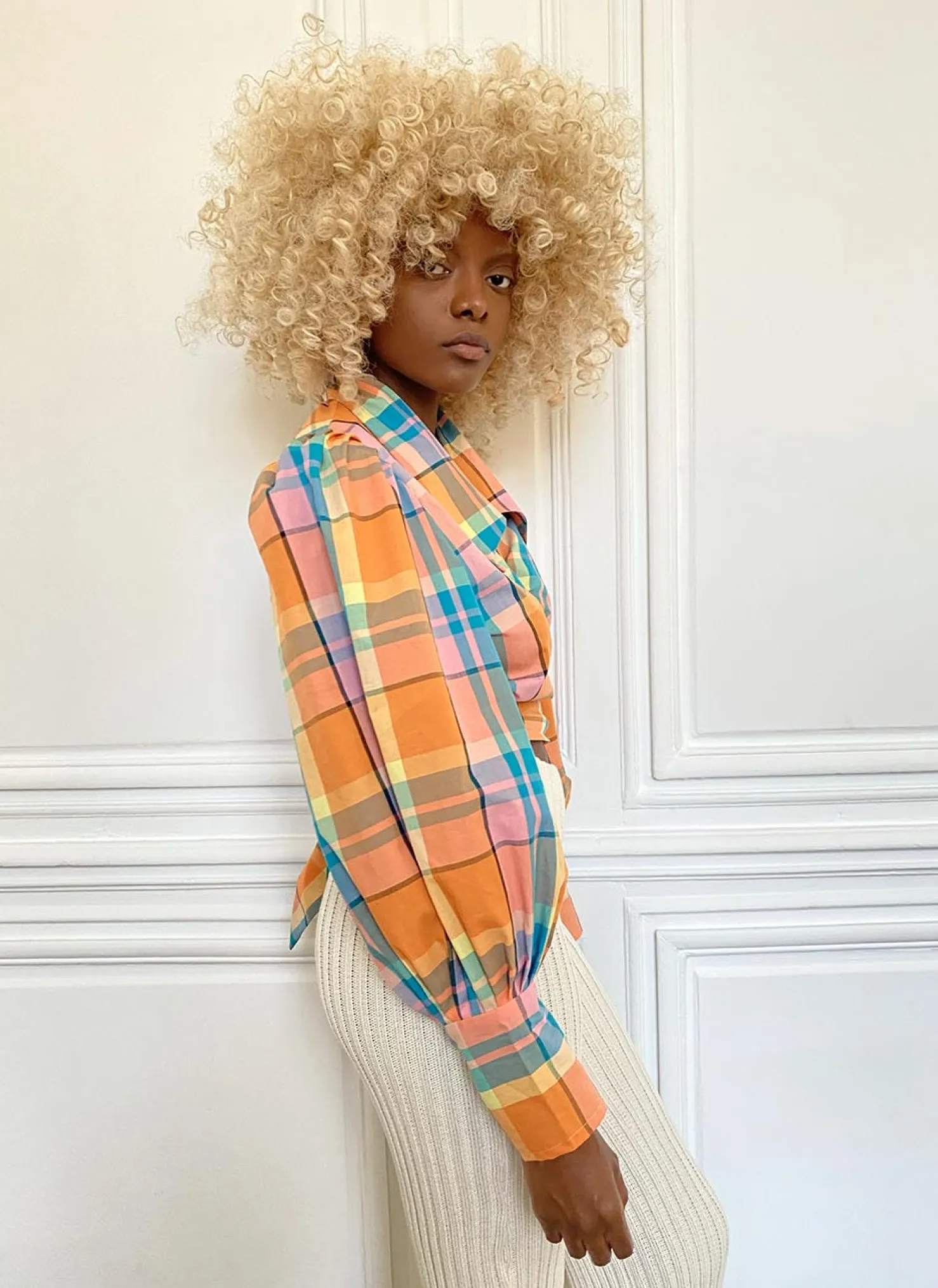 MaisonCléo Blouses>Blouse orange à gros carreaux en coton JULIE