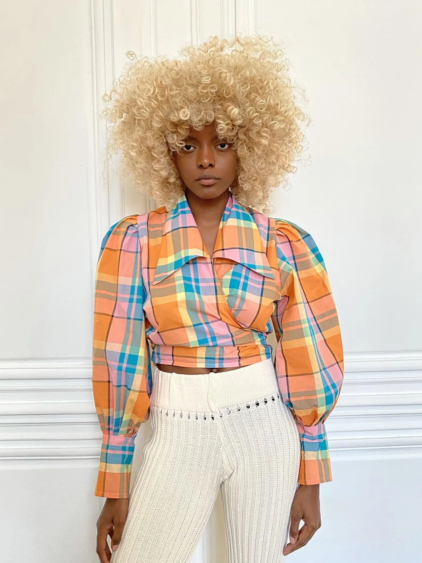 MaisonCléo Blouses>Blouse orange à gros carreaux en coton JULIE