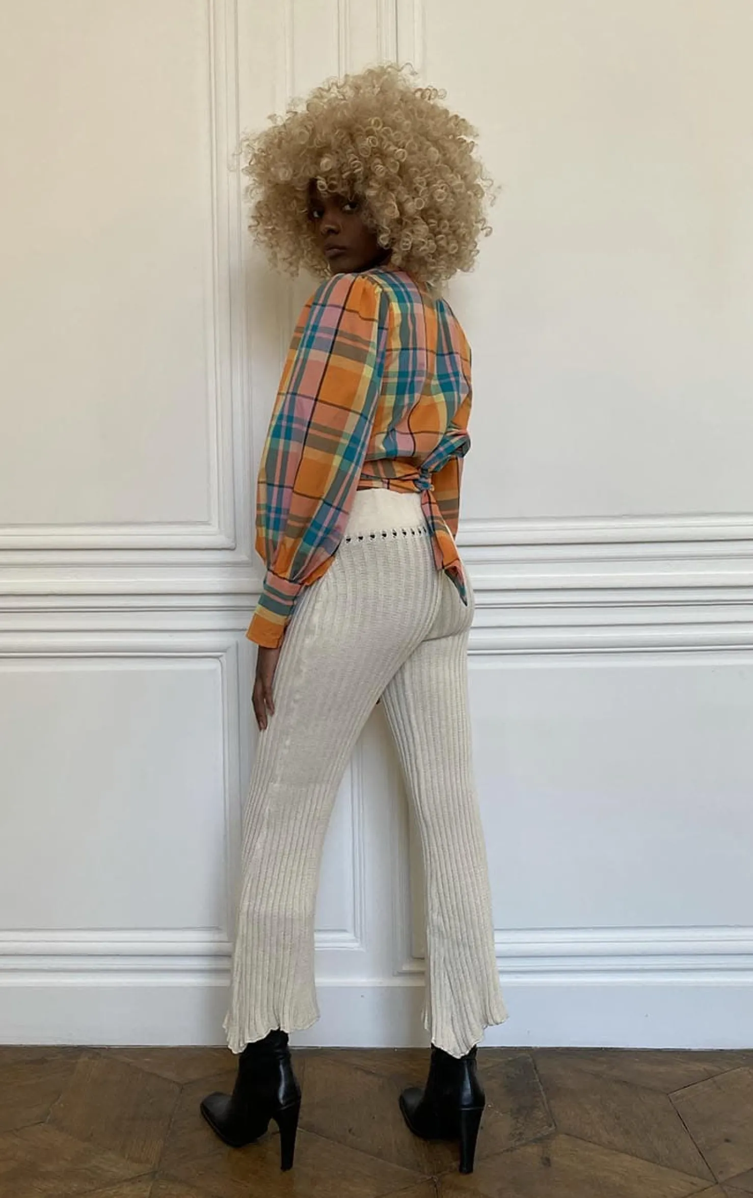 MaisonCléo Blouses>Blouse orange à gros carreaux en coton JULIE