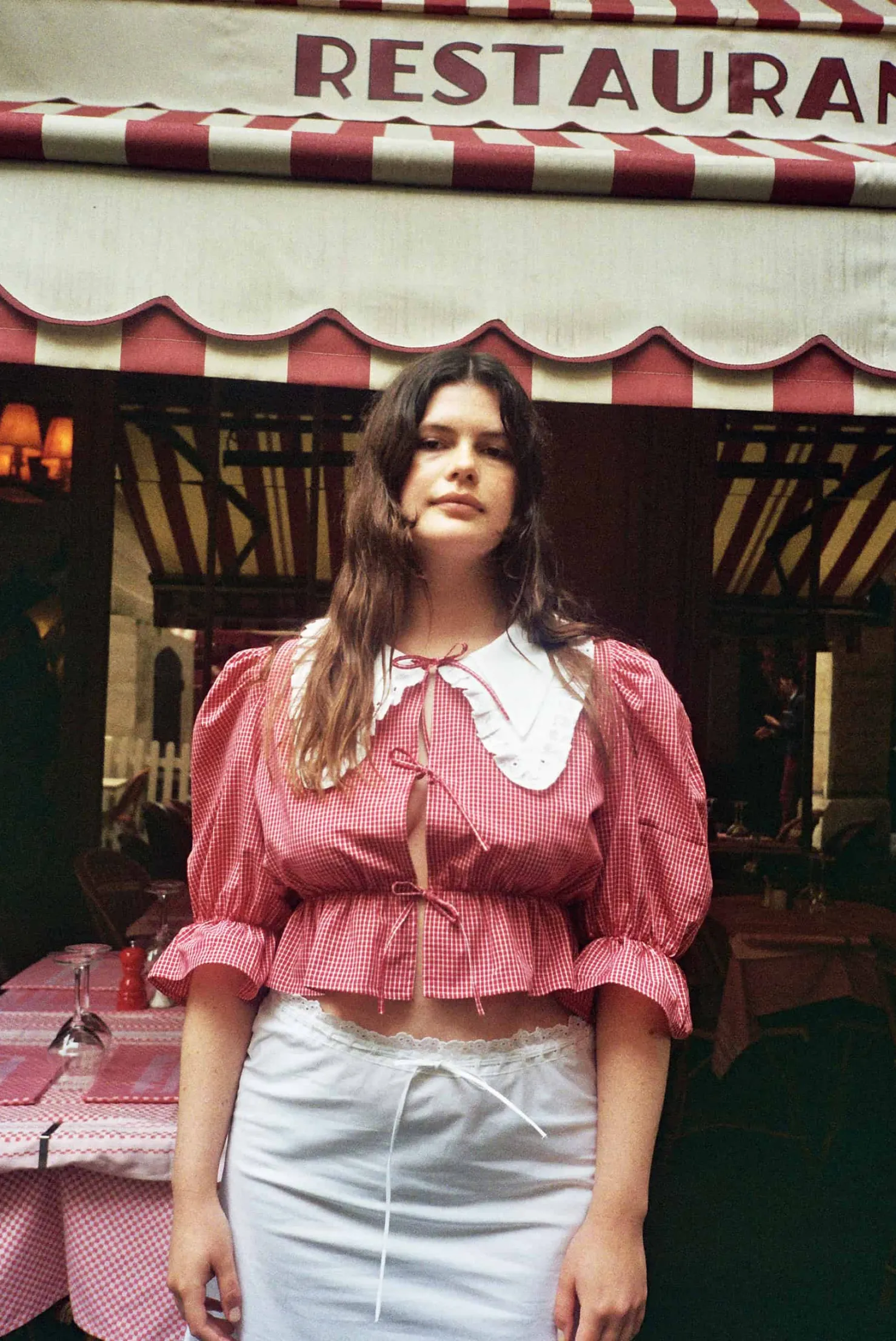 MaisonCléo Blouses>Blouse rouge à carreaux coton ANGELE avec col blanc brodé