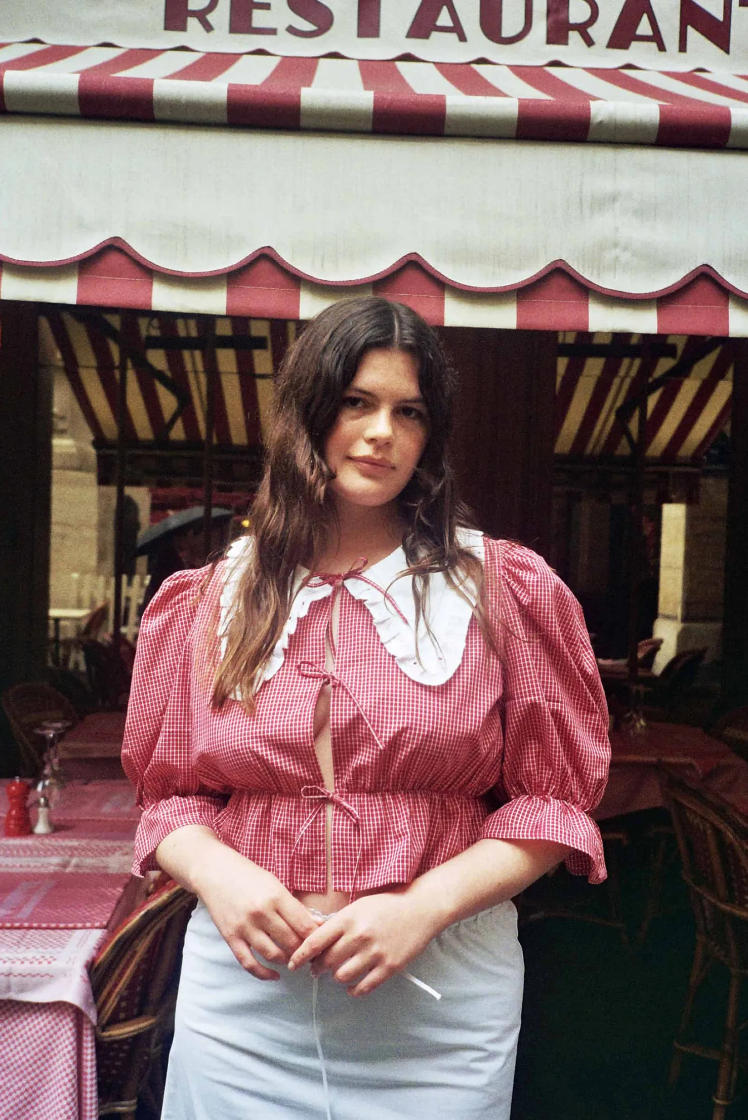 MaisonCléo Blouses>Blouse rouge à carreaux coton ANGELE avec col blanc brodé
