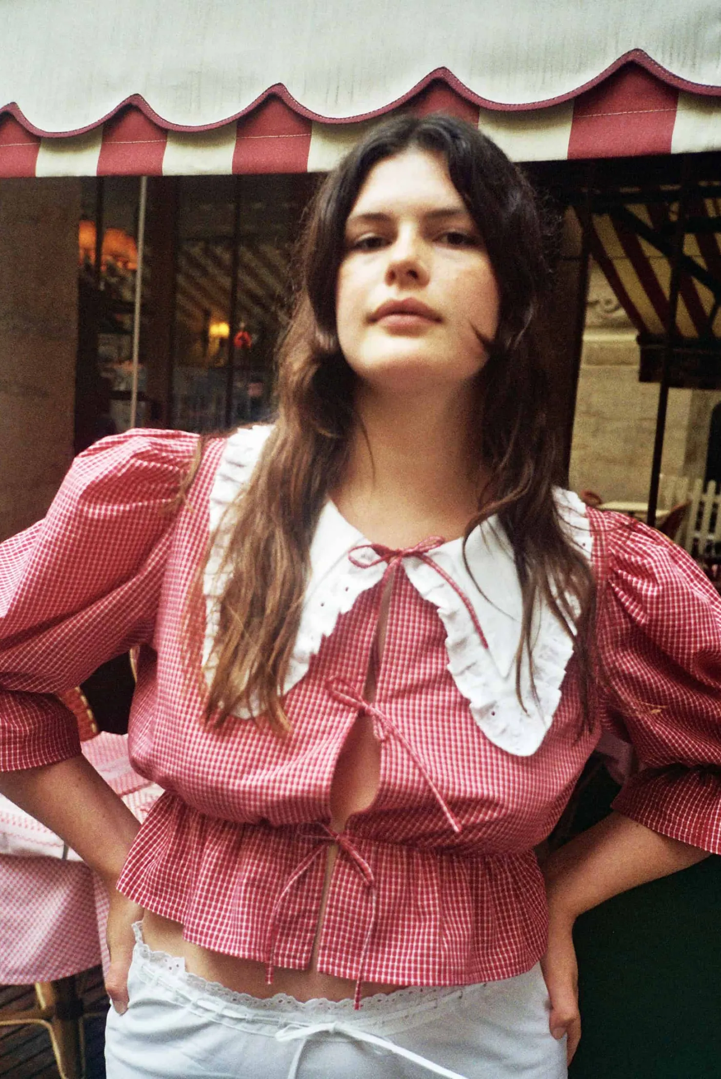 MaisonCléo Blouses>Blouse rouge à carreaux coton ANGELE avec col blanc brodé