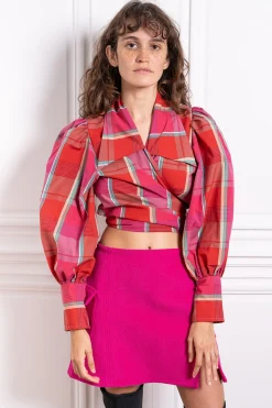 MaisonCléo Blouses>Blouse rouge à gros carreaux multi en coton JULIE