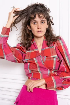 MaisonCléo Blouses>Blouse rouge à gros carreaux multi en coton JULIE