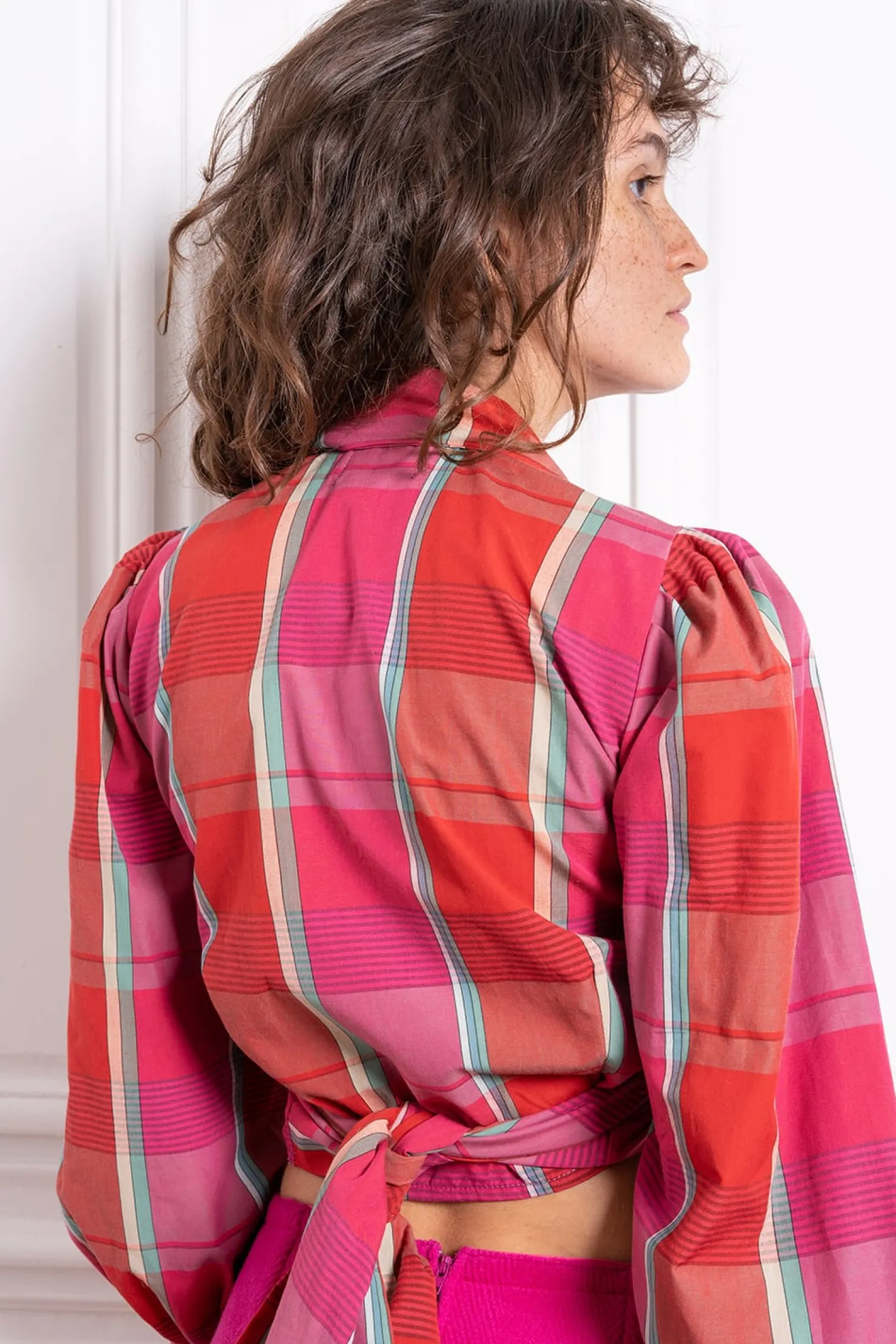 MaisonCléo Blouses>Blouse rouge à gros carreaux multi en coton JULIE