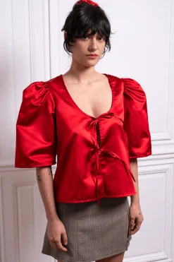MaisonCléo Blouses>Blouse soie duchesse rouge profond AGNES