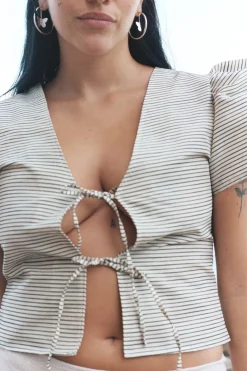 MaisonCléo Blouses>Blouse Vanessa à rayures marron et beige en soie