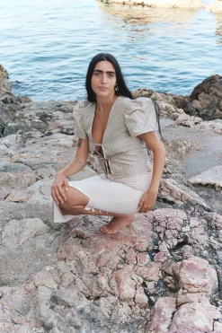 MaisonCléo Blouses>Blouse Vanessa à rayures marron et beige en soie