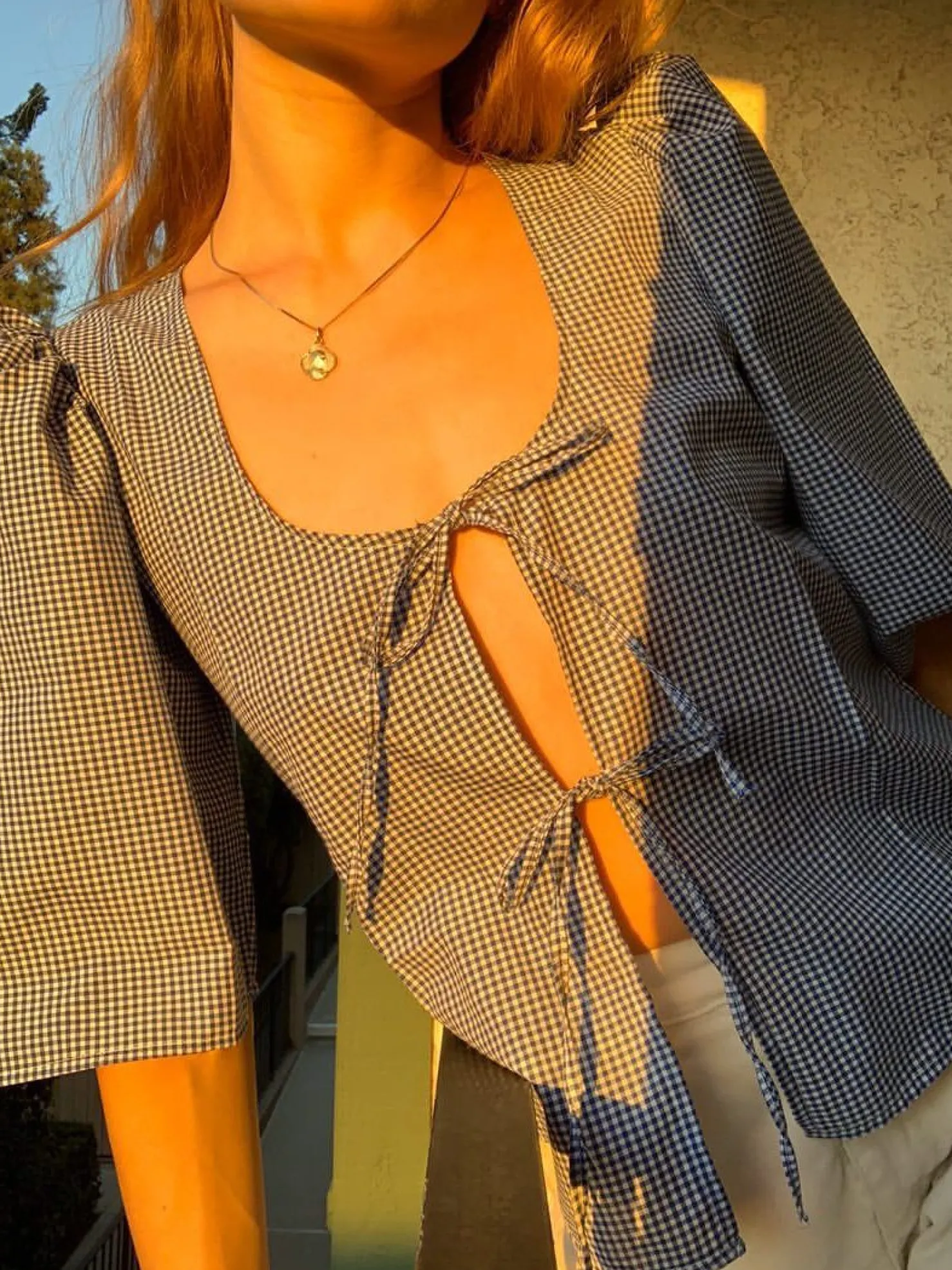 MaisonCléo Blouses>Blouse vichy bleu coton AGNES