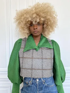MaisonCléo Cardigans>Cardigan à carreaux gris en laine GIGI