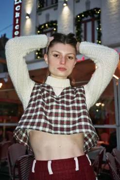 MaisonCléo Cardigans>Cardigan en laine vert foncé, rouge et écru GIGI