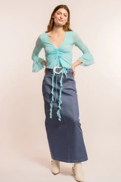 MaisonCléo Jupes>COUP DE FOUDRE défilé LOOK 3 – Jupe maxi en denim bleu clair avec ceinture coeur