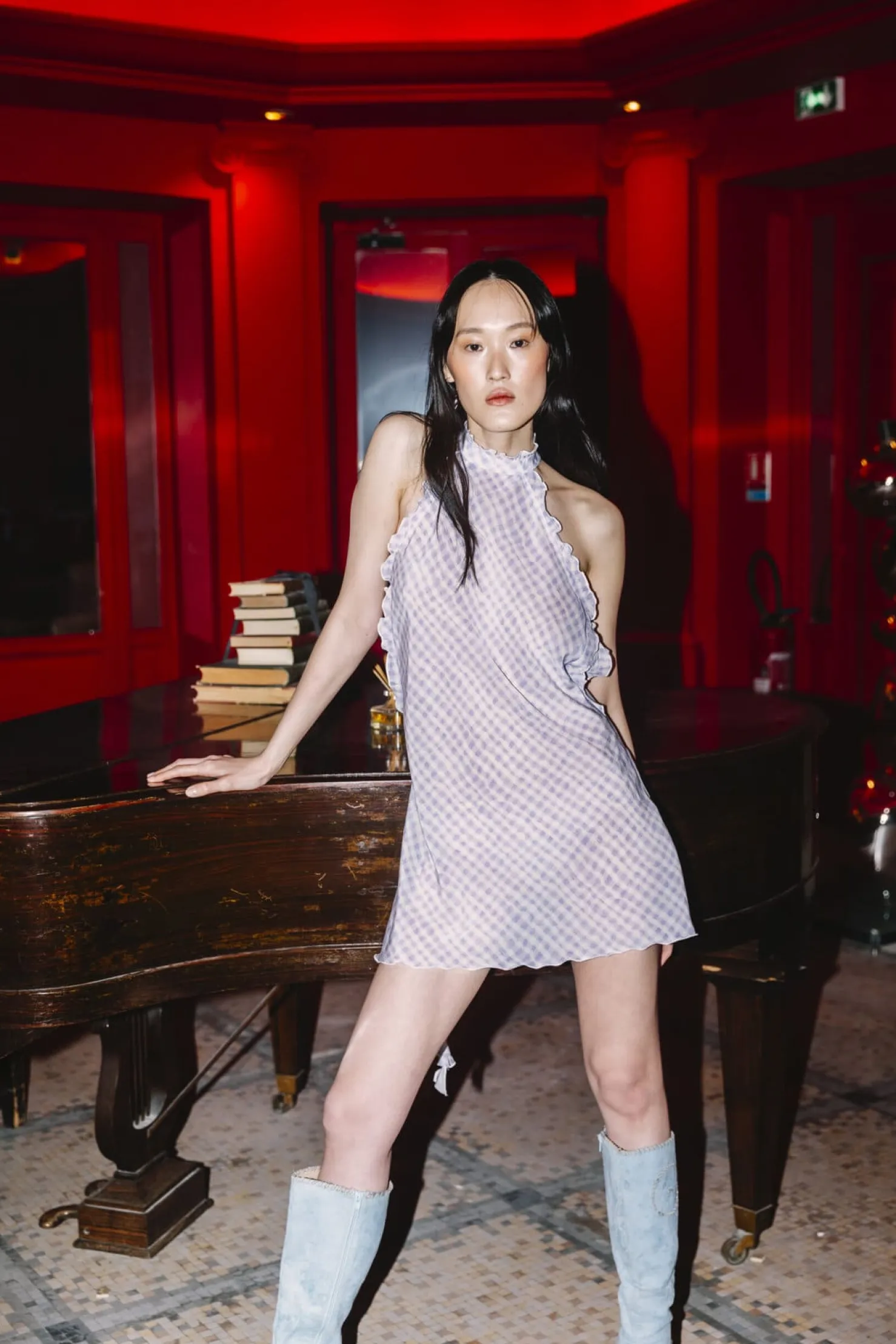 MaisonCléo Robes>COUP DE FOUDRE défilé LOOK 18 – Robe dos nu fluide volantée en soie vichy lilas
