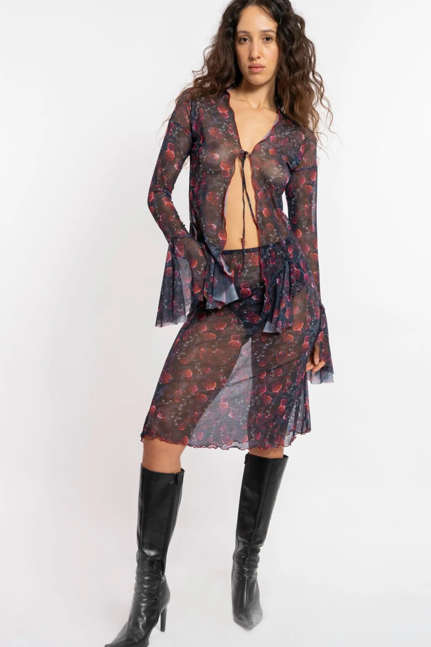 MaisonCléo Blouses|Tops>FW22 RUNWAY LOOK 21 – Blouse ouverte en mesh fleuri avec manches volantées IMEN