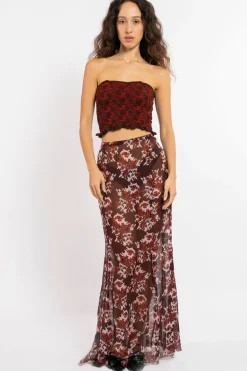 MaisonCléo Jupes>FW22 RUNWAY LOOK 13 – Jupe longue bordeaux fleurie avec fentes en mousseline de soie AURORE
