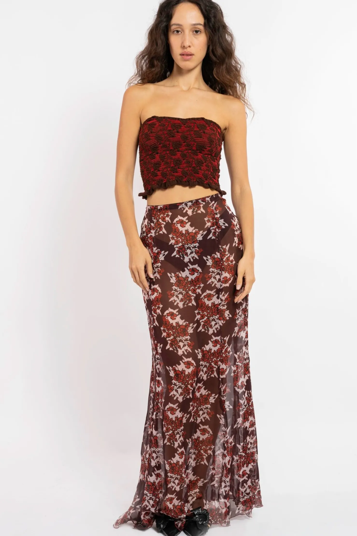 MaisonCléo Jupes>FW22 RUNWAY LOOK 13 – Jupe longue bordeaux fleurie avec fentes en mousseline de soie AURORE