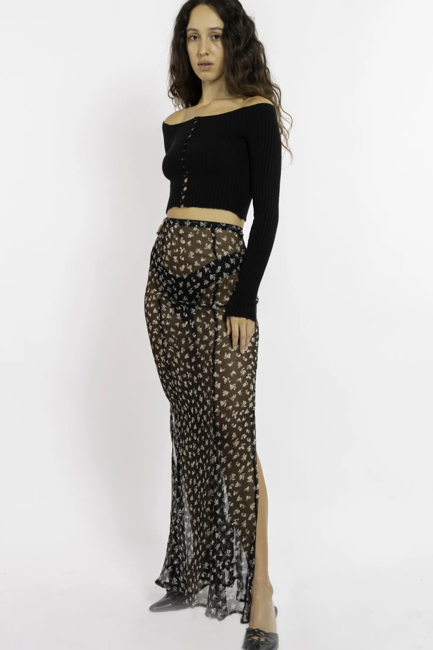 MaisonCléo Jupes>FW22 RUNWAY LOOK 29 – Jupe longue fendue en mousseline de soie fleurie AURORE