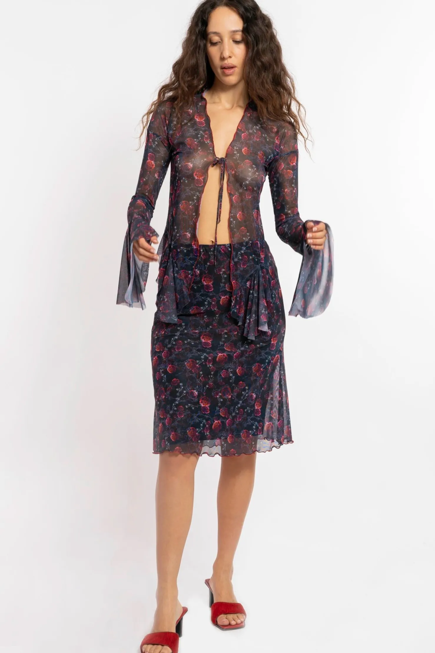 MaisonCléo Jupes>FW22 RUNWAY LOOK 21 – Jupe mi-longue en mesh fleuri KESALY