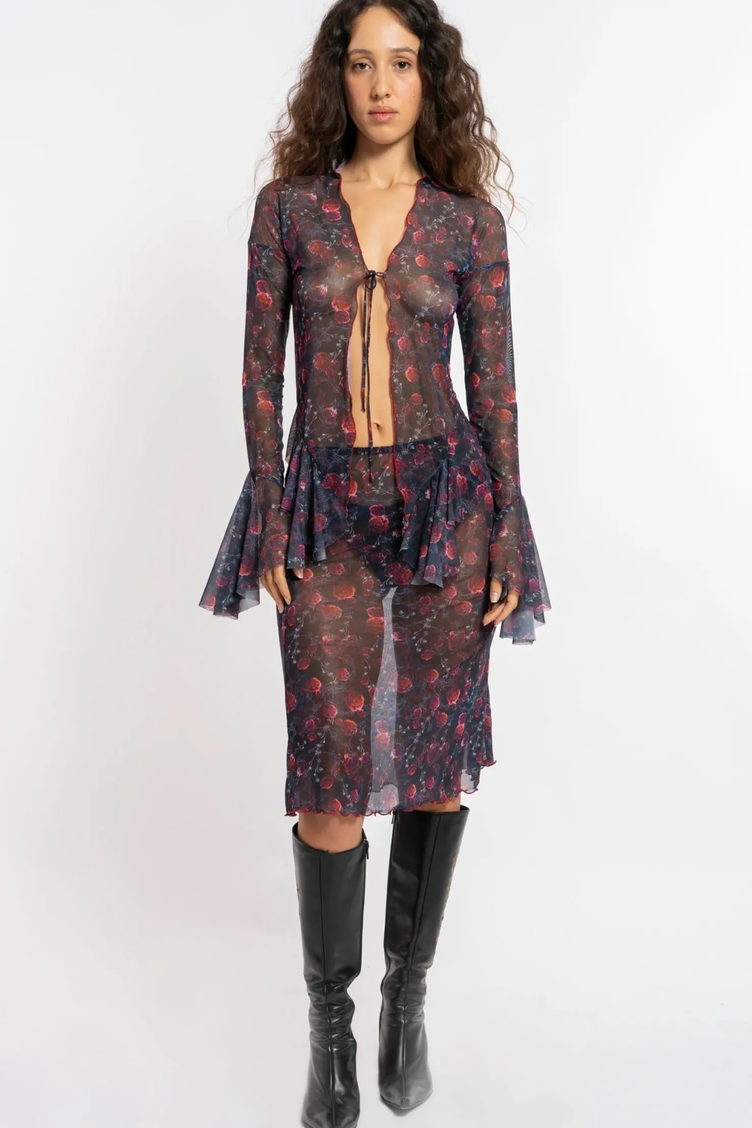 MaisonCléo Jupes>FW22 RUNWAY LOOK 21 – Jupe mi-longue en mesh fleuri KESALY