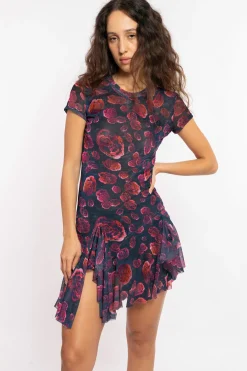 MaisonCléo Robes>FW22 RUNWAY LOOK 4 – Mini robe motif roses rouges en mesh à volants MARLA