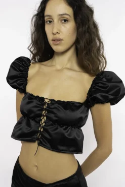 MaisonCléo Blouses>FW22 RUNWAY LOOK 12 – Top bustier en soie noire à mini manches bouffantes et corsage CHARLOTTE