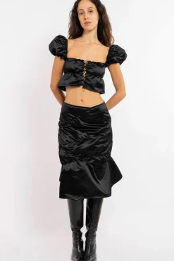 MaisonCléo Blouses>FW22 RUNWAY LOOK 12 – Top bustier en soie noire à mini manches bouffantes et corsage CHARLOTTE